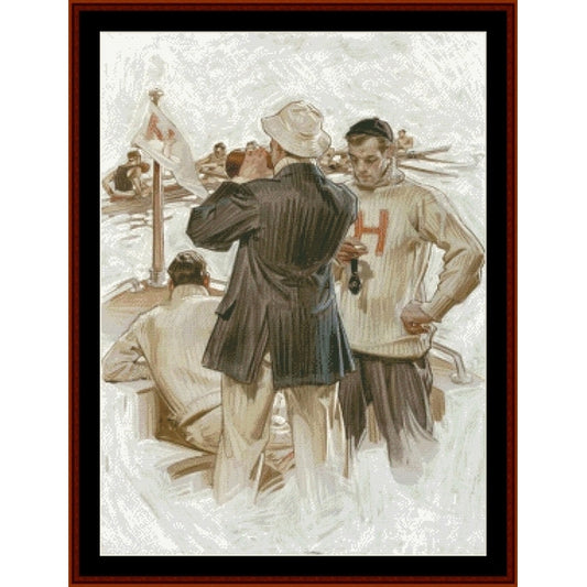 Counted Cross Stitch Pattern by Cross Stitch Collectibles of a man in a suit and a hockey player with 'H' on his jersey.