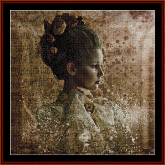 Counted Cross Stitch Pattern by Cross Stitch Collectibles of a woman with flowers in her hair against a textured brown background