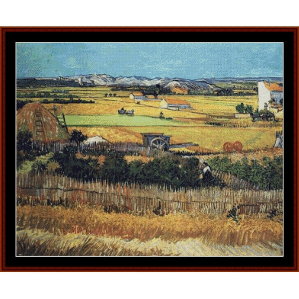 Counted Cross Stitch Pattern by Cross Stitch Collectiblesof a rural landscape with fields, buildings, and a watermill.