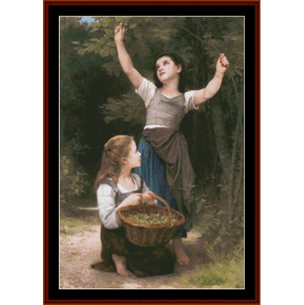 Counted Cross Stitch Pattern by Cross Stitch Collectibles - Two women in a forest setting with one holding a basket of fruit.