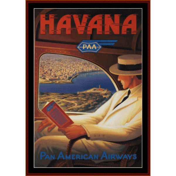 Counted Cross Stitch Pattern by Cross Stitch Collectibles - Vintage-style poster of a man reading a book on an airplane with Havana and Pan American Airways branding.