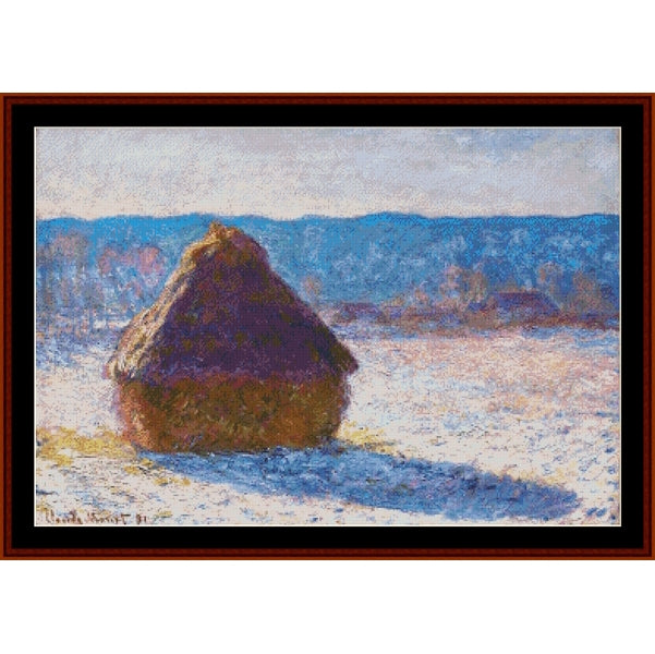 Counted Cross Stitch Pattern by Cross Stitch Collectibles of a hay stack in a snowy landscape with mountains in the background.