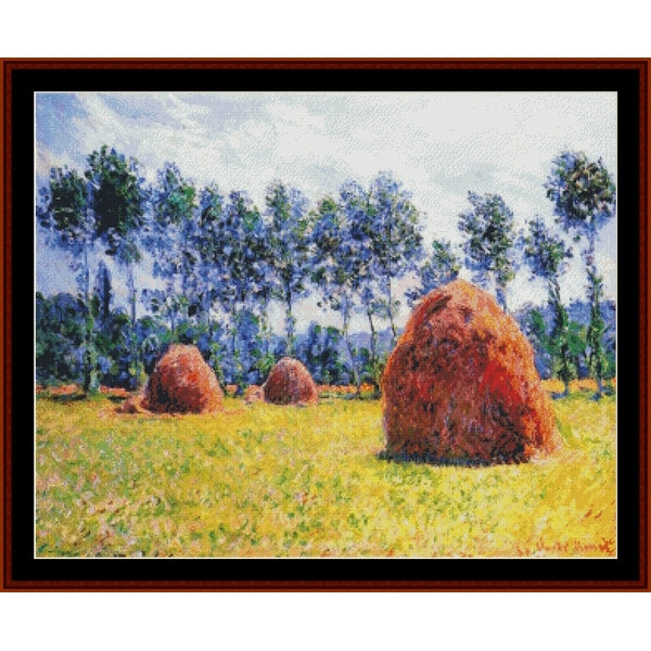 Counted Cross Stitch Pattern by Cross Stitch Collectibles of haystacks in a field with trees in the background