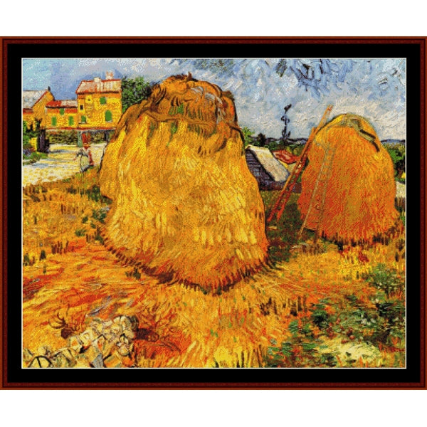 Counted Cross Stitch Pattern by Cross Stitch Collectibles of haystacks with a village in the background