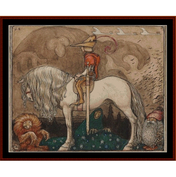 Counted Cross Stitch Pattern by Cross Stitch Collectibles of a unicorn with a rider in a fantasy setting, featuring a lion and other mystical elements.