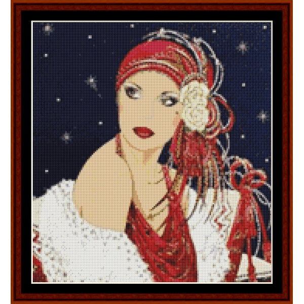 Counted Cross Stitch Pattern by Cross Stitch Collectibles of a woman and a white flower against a starry night sky.