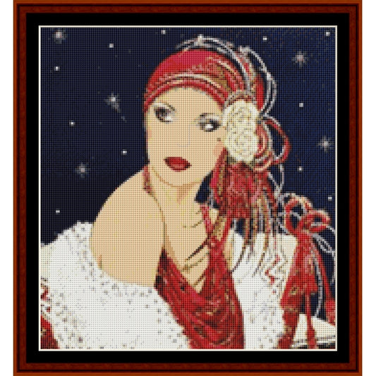Counted Cross Stitch Pattern by Cross Stitch Collectibles of a woman and a white flower against a starry night sky.