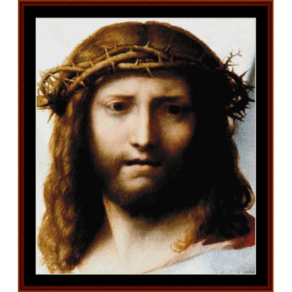 Counted Cross Stitch Pattern by Cross Stitch Collectibles of Jesus with a crown of thorns, framed in brown.