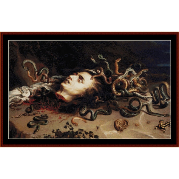 Counted Cross Stitch Pattern by Cross Stitch Collectibles - Medusa with snakes around her head on a dark background