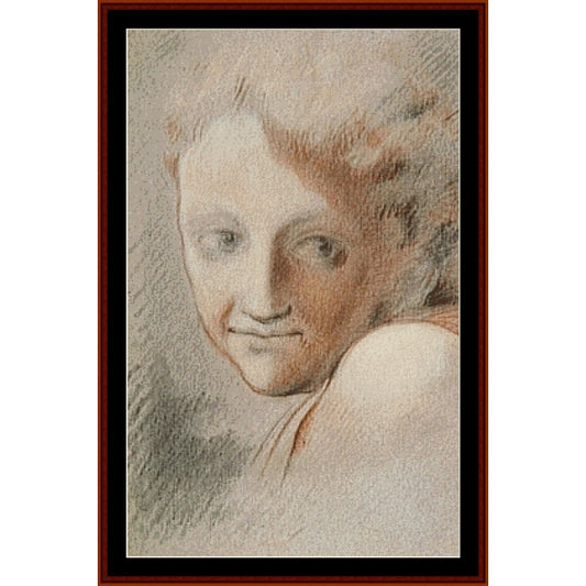 Counted Cross Stitch Pattern by Cross Stitch Collectibles of a woman's face with a neutral expression, framed by a brown border.