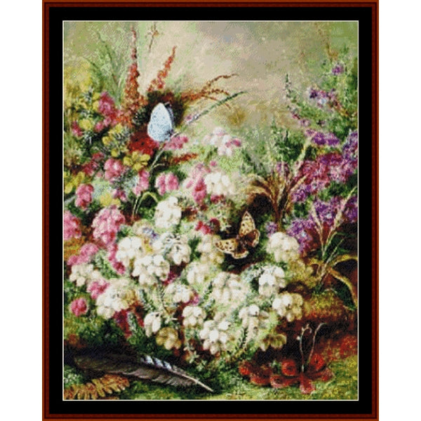 Counted Cross Stitch Pattern by Cross Stitch Collectibles of a floral arrangement with butterflies and feathers