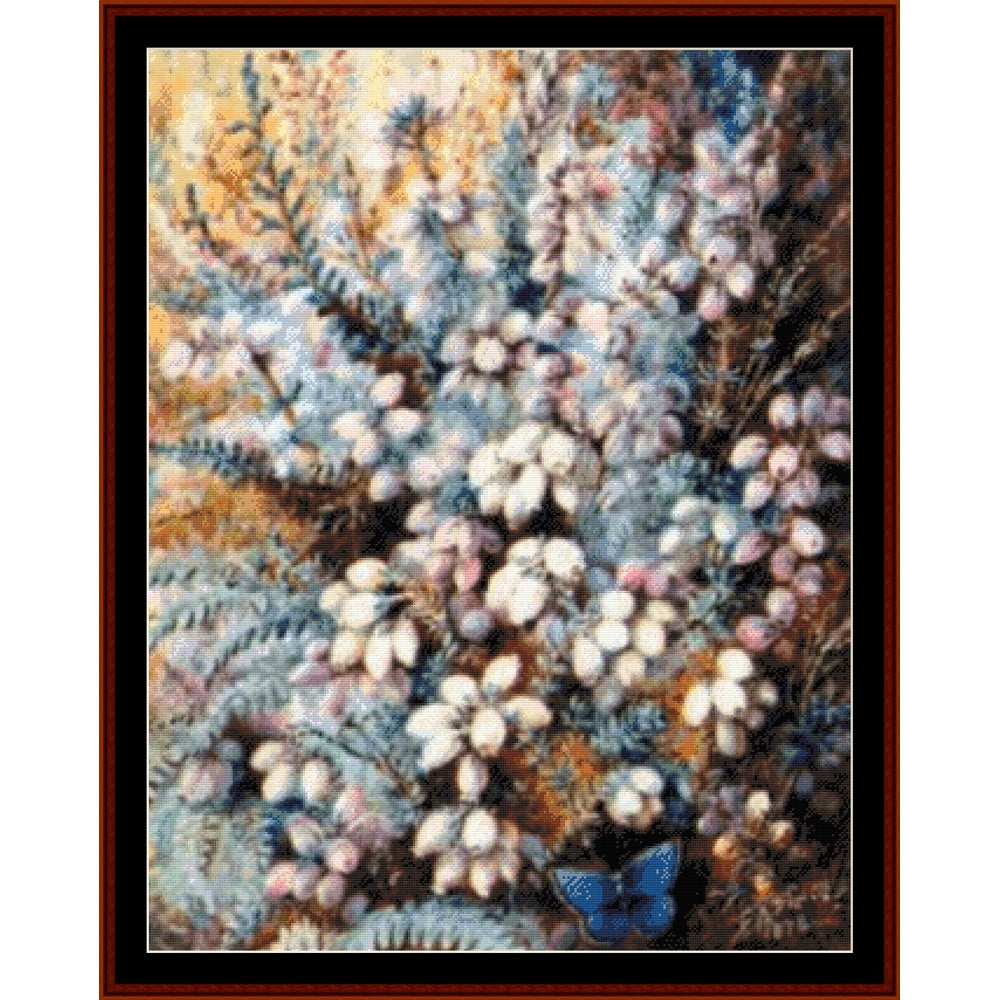 Counted Cross Stitch Pattern by Cross Stitch Collectibles of a butterfly on a textured surface with floral elements
