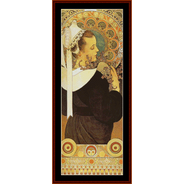 Counted Cross Stitch Pattern by Cross Stitch Collectibles of a woman with intricate patterns and a brown frame.