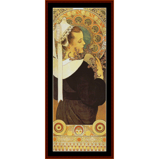 Counted Cross Stitch Pattern by Cross Stitch Collectibles of a woman with intricate patterns and a brown frame.