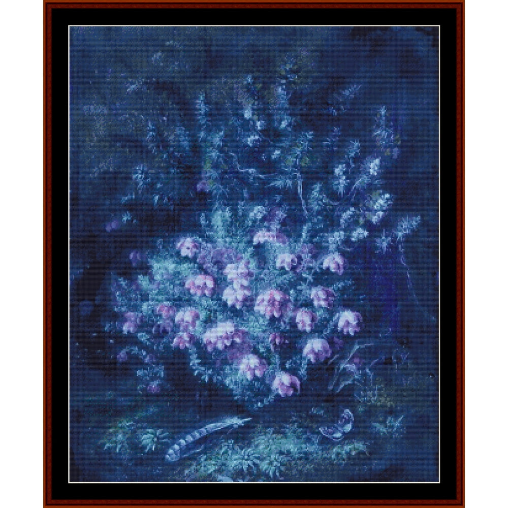 Counted Cross Stitch Pattern by Cross Stitch Collectibles of purple flowers and a feather on a dark blue background