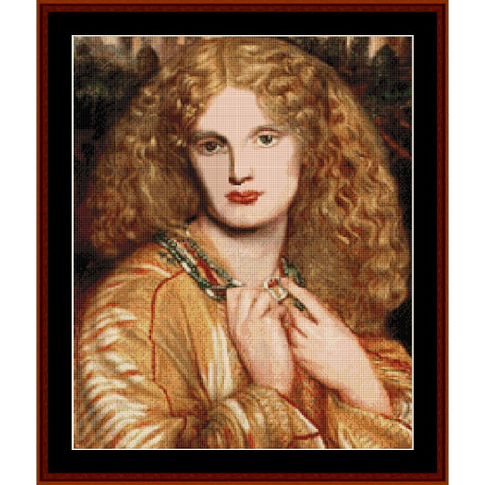 Counted Cross Stitch Pattern by Cross Stitch Collectibles of a woman with long, wavy hair wearing a gold dress and holding a necklace