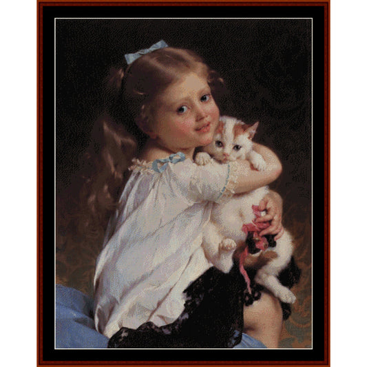 Vintage-style Counted Cross Stitch Pattern by Cross Stitch Collectibles of a young girl holding a cat