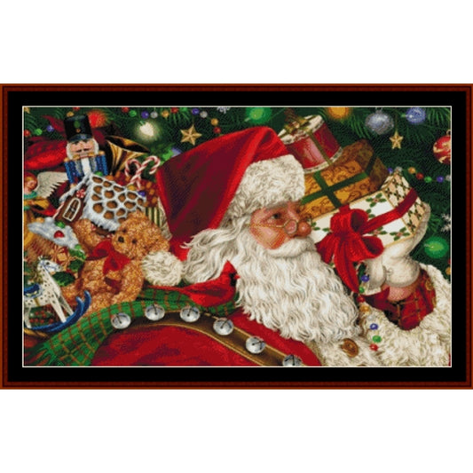 Counted Cross Stitch Pattern by Cross Stitch Collectibles of Santa Claus surrounded by Christmas decorations and toys 