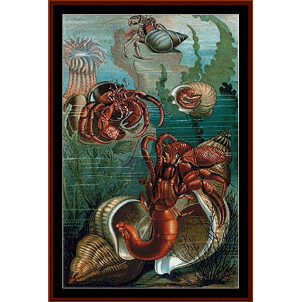 Vintage-style Counted Cross Stitch Pattern by Cross Stitch Collectibles of lobsters and shells with a dark border.