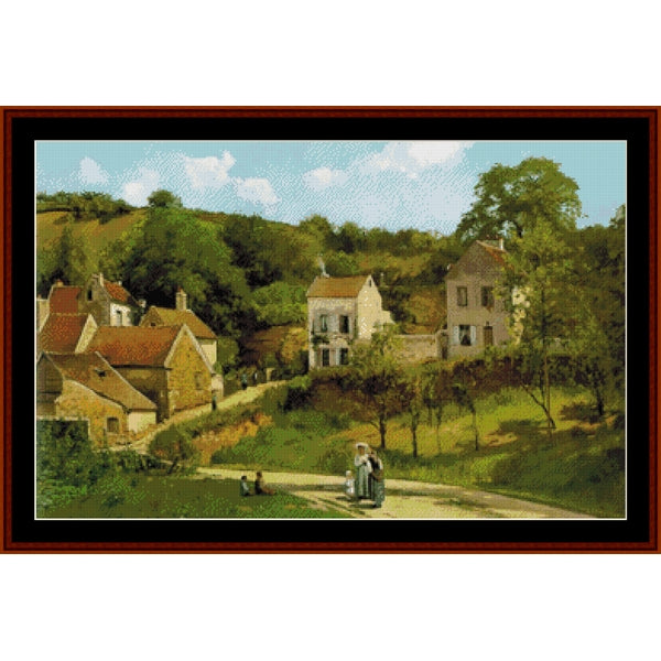 Counted Cross Stitch Pattern by Cross Stitch Collectibles of a village scene with houses and people on a path, framed in brown.