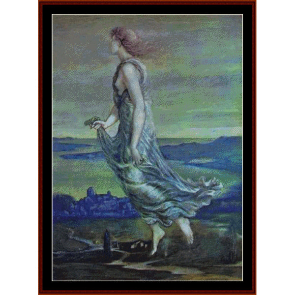 Counted Cross Stitch Pattern by Cross Stitch Collectibles of a woman in a flowing dress against a landscape with a cityscape in the background.