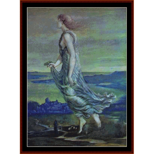 Counted Cross Stitch Pattern by Cross Stitch Collectibles of a woman in a flowing dress against a landscape with a cityscape in the background.