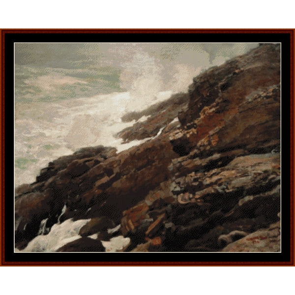 Counted Cross Stitch Pattern by Cross Stitch Collectibles - Rough sea crashing against rocky cliffs with a brown frame.