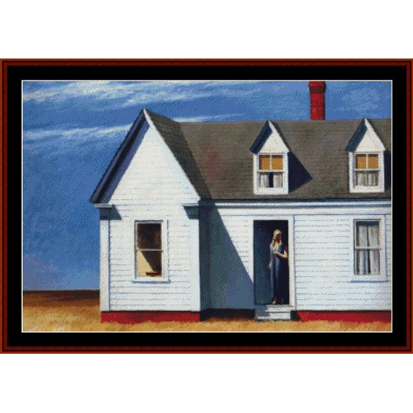 Counted Cross Stitch Pattern by Cross Stitch Collectibles of a white house with a person standing at the door against a blue sky.