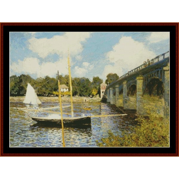 Counted Cross Stitch Pattern by Cross Stitch Collectibles of a river scene with boats and a bridge