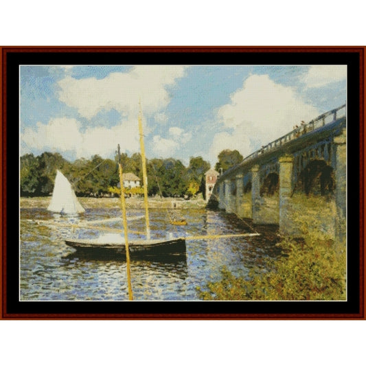 Counted Cross Stitch Pattern by Cross Stitch Collectibles of a river scene with boats and a bridge