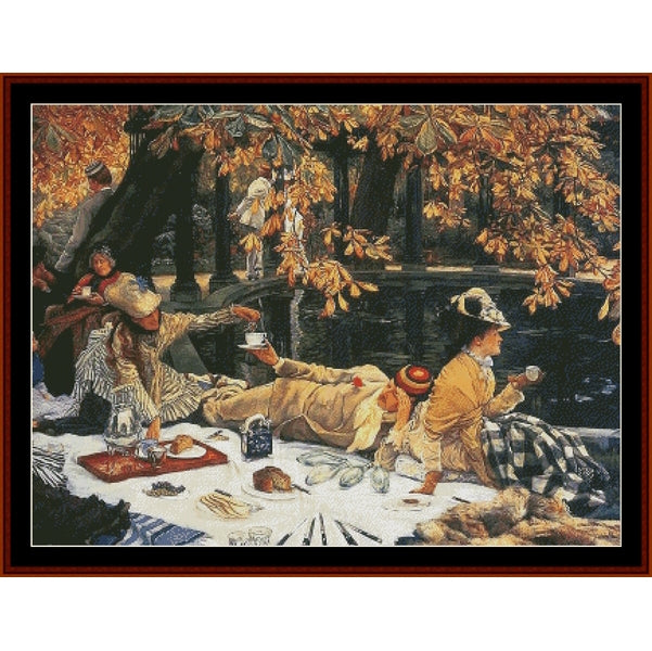 Counted Cross Stitch Pattern by Cross Stitch Collectibles of a group of people enjoying a picnic under autumn trees.