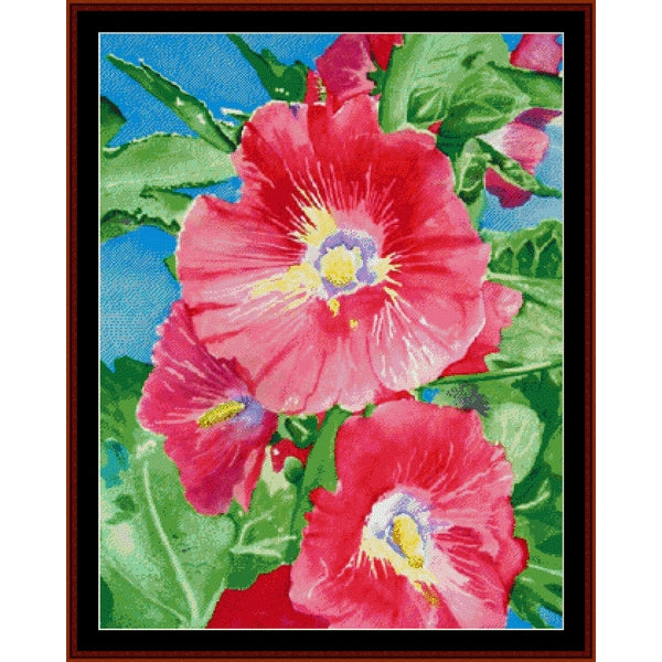 Colorful Counted Cross Stitch Pattern by Cross Stitch Collectibles of pink flowers with green leaves on a blue background