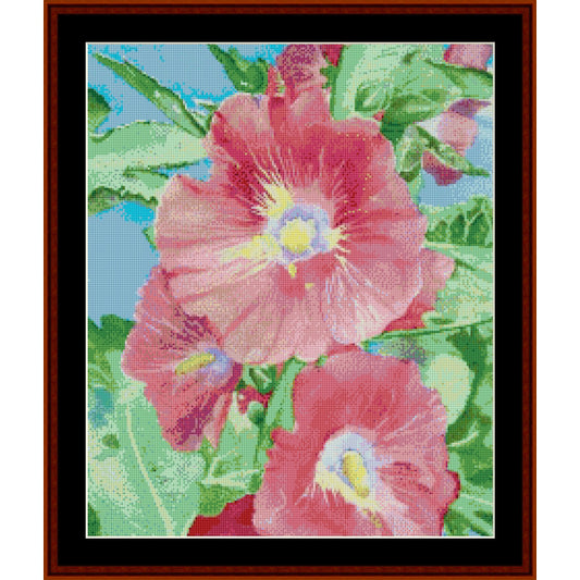 Counted Cross Stitch Pattern by Cross Stitch Collectibles of pink flowers with green leaves on a blue background