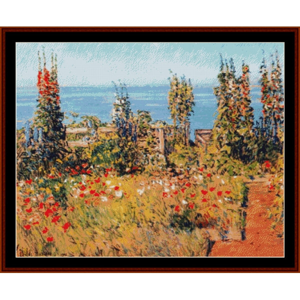 Counted Cross Stitch Pattern by Cross Stitch Collectibles of a garden with flowers and trees by a body of water