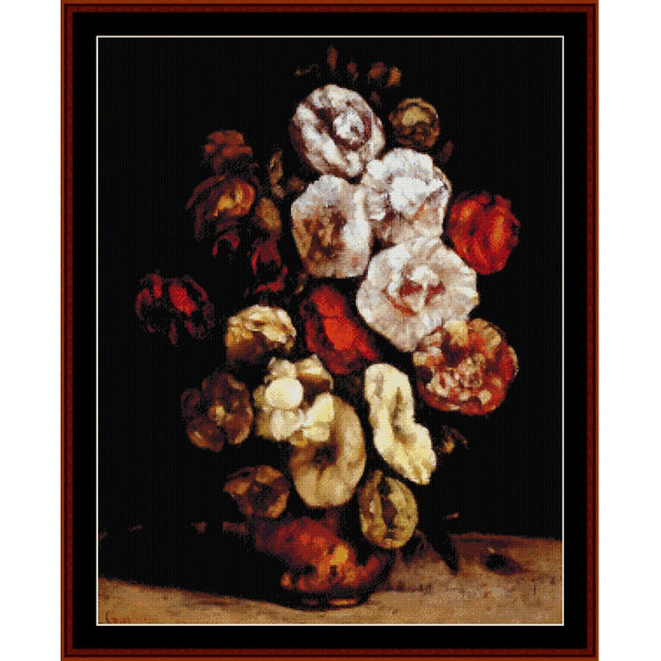 Still life Counted Cross Stitch Pattern by Cross Stitch Collectibles of flowers in a vase on a dark background