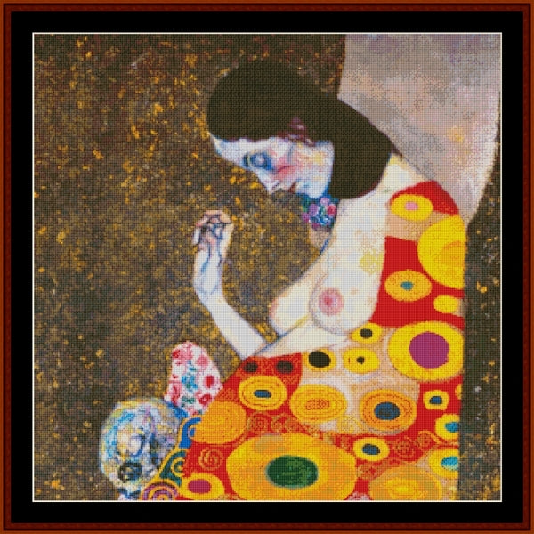 Counted Cross Stitch Pattern by Cross Stitch Collectibles of a woman with colorful circular patterns, inspired by Gustav Klimt's style.