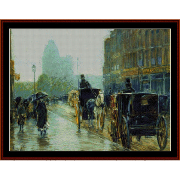 Counted Cross Stitch Pattern by Cross Stitch Collectibles of a Vintage scene of horse-drawn carriages on a city street with people using umbrellas.