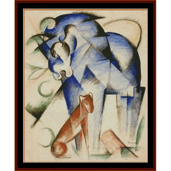 Abstract Counted Cross Stitch Pattern by Cross Stitch Collectibles with a blue horse and red fox on a beige background