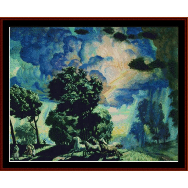 Landscape with trees, horses and people under a colorful sky - Counted Cross Stitch Pattern by Cross Stitch Collectibles