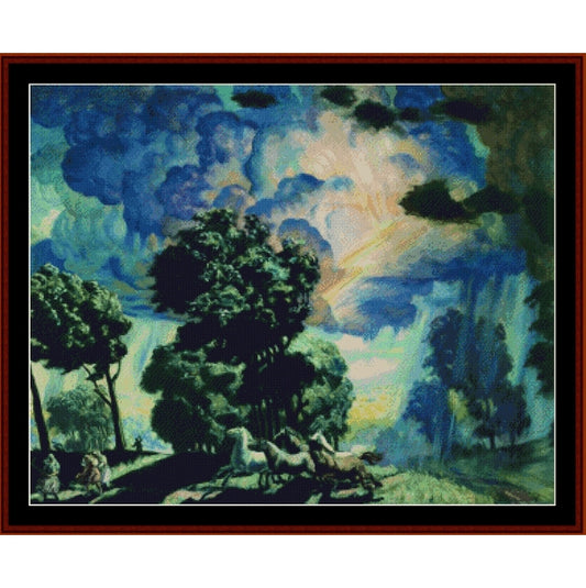 Landscape with trees, horses and people under a colorful sky - Counted Cross Stitch Pattern by Cross Stitch Collectibles