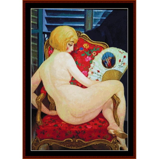 Counted Cross Stitch Pattern by Cross Stitch Collectibles of a nude figure sitting on a red chair with a fan, framed in a dark border.