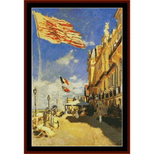Counted Cross Stitch Pattern by Cross Stitch Collectibles of a coastal scene with flags and a hotel.