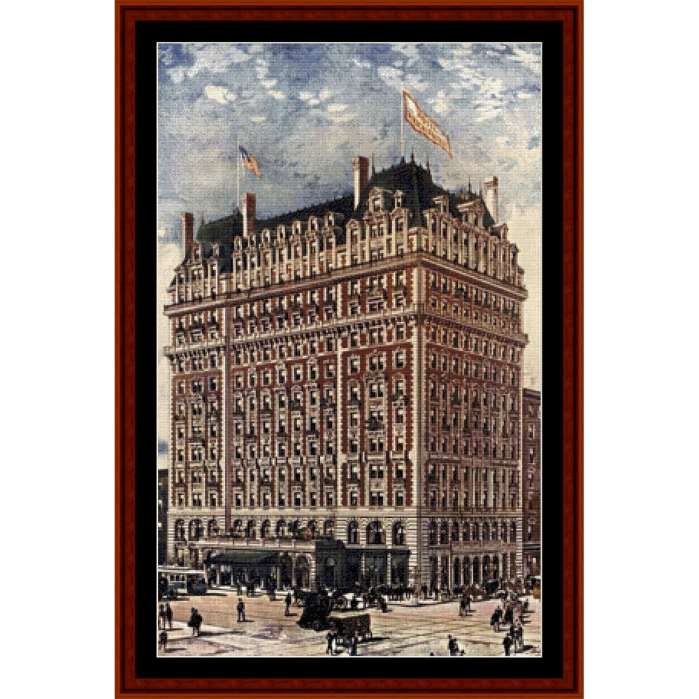 Vintage-style Counted Cross Stitch Pattern by Cross Stitch Collectibles of a hotel with people and vehicles in front, framed with a brown border.