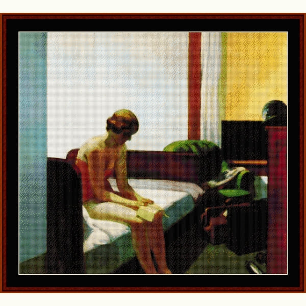 Woman sitting on a bed in a room with a window and furniture - Counted Cross Stitch Pattern by Cross Stitch Collectibles