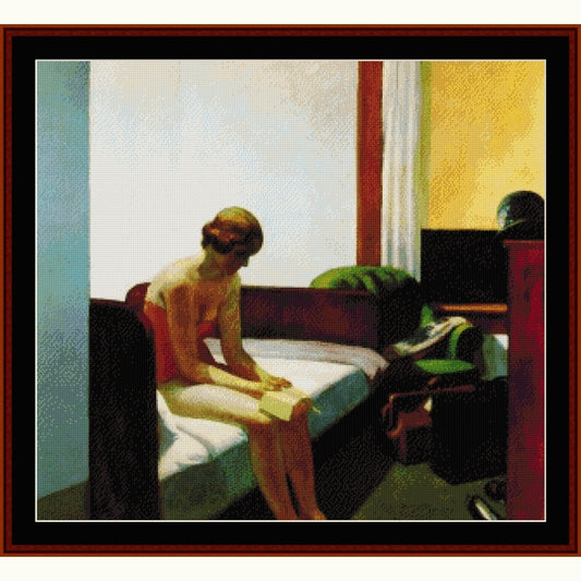 Woman sitting on a bed in a room with a window and furniture - Counted Cross Stitch Pattern by Cross Stitch Collectibles
