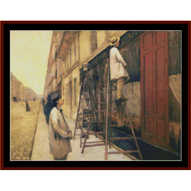 Counted Cross Stitch Pattern by Cross Stitch Collectibles of a man on a ladder painting a door in an urban setting