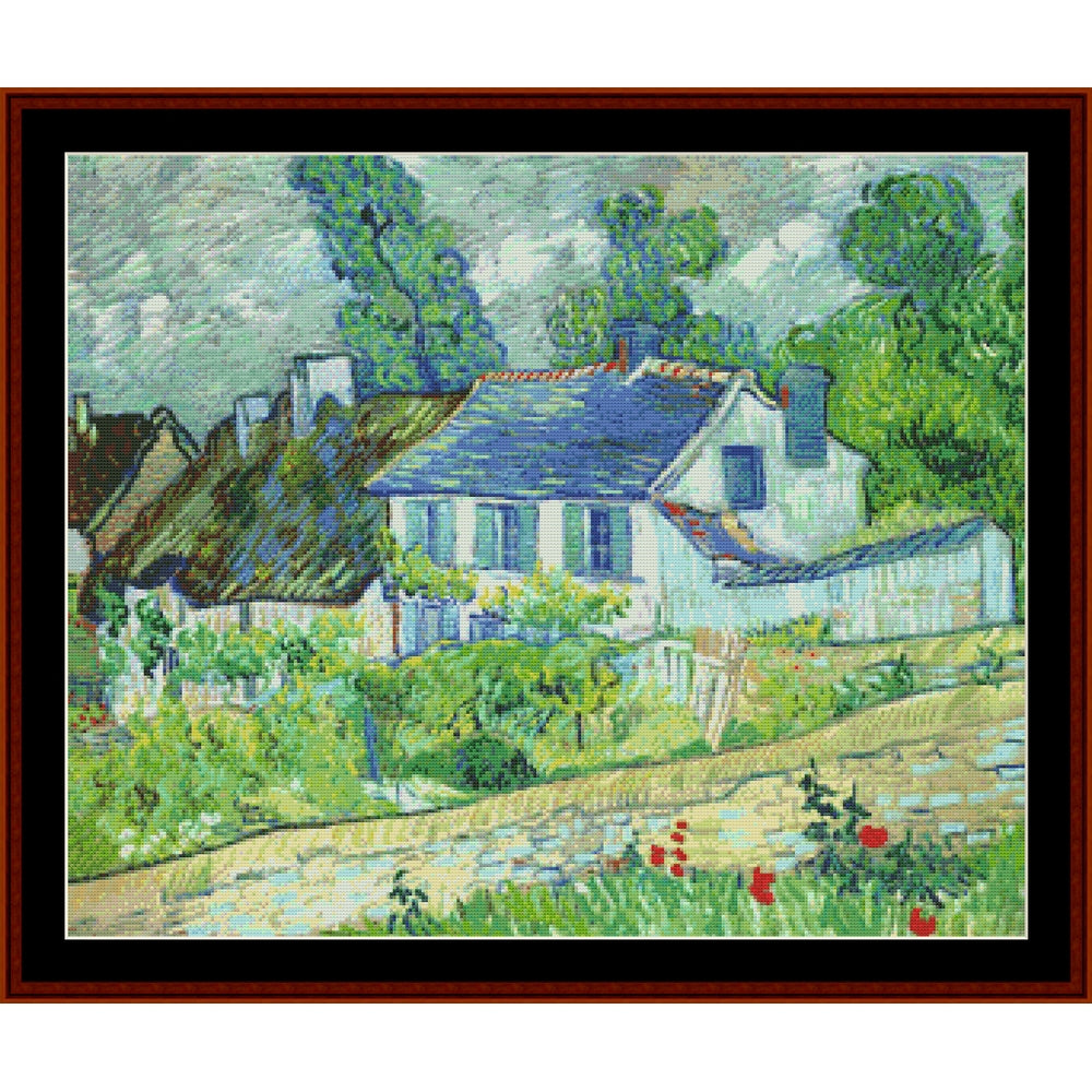 Counted Cross Stitch Pattern by Cross Stitch Collectibles of a house with a garden and trees, framed with a brown border.