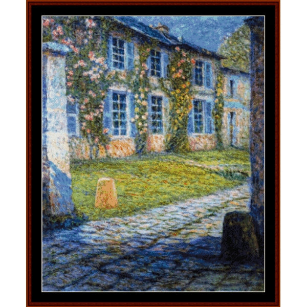 Counted Cross Stitch Pattern by Cross Stitch Collectibles of a house with flowers and a garden