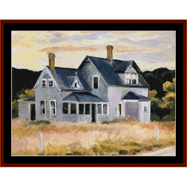 Counted Cross Stitch Pattern by Cross Stitch Collectibles of a house with a sunset sky and grassy foreground