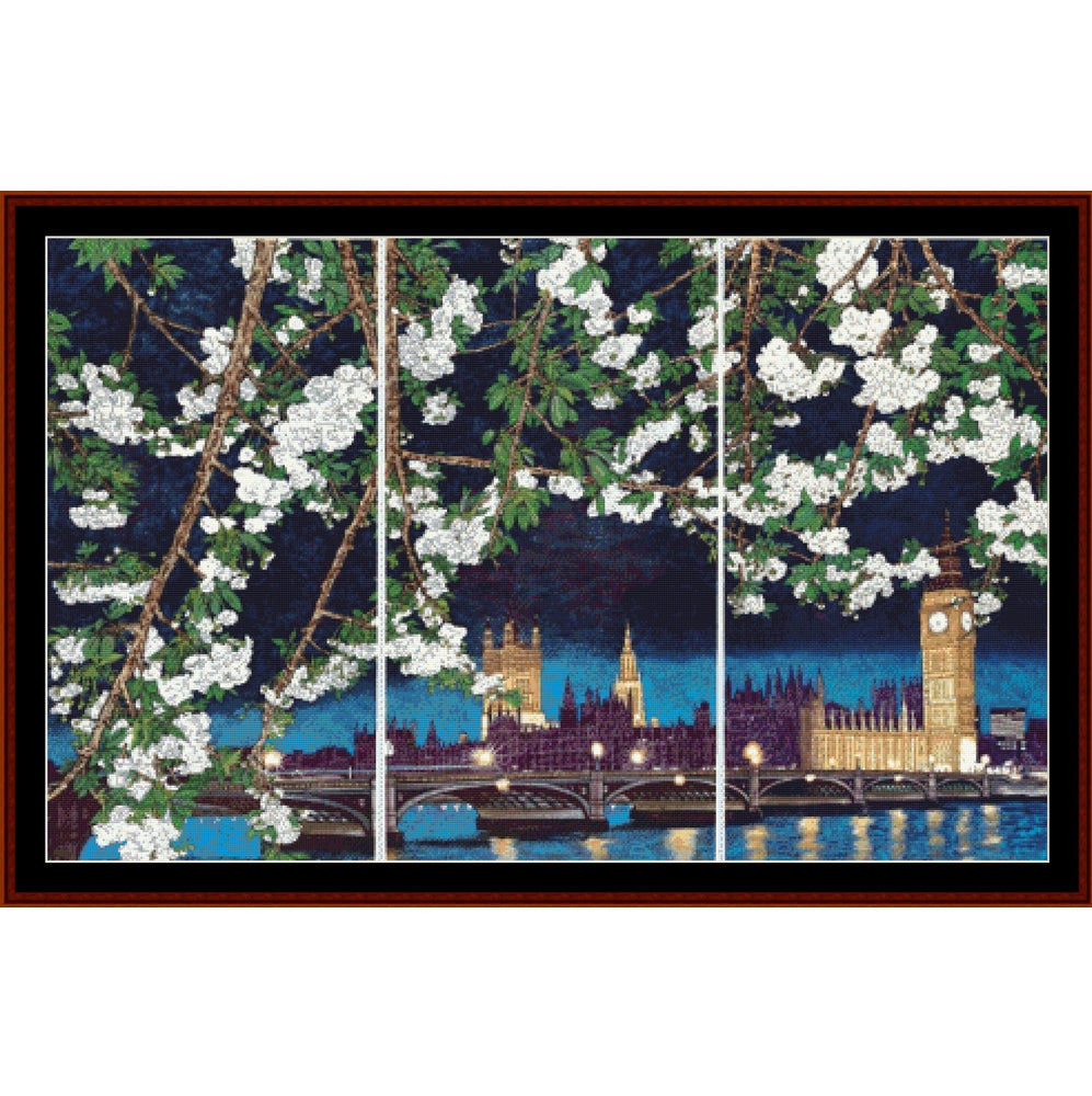 Triptych Counted Cross Stitch Pattern by Cross Stitch Collectibles of a cityscape with cherry blossoms in the foreground